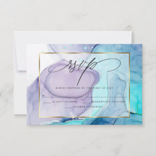 Elegant RSVP Marbled Ink  Vibrant Aqua Violet Card