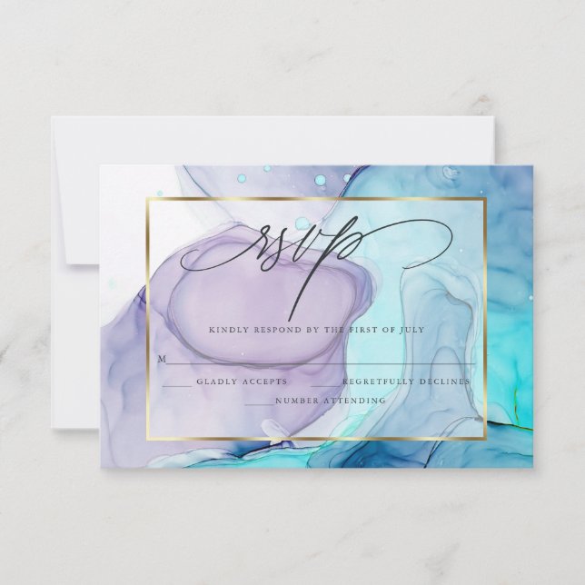 Elégant RSVP Marbré Encre Vibrant Aqua Violet (Devant)