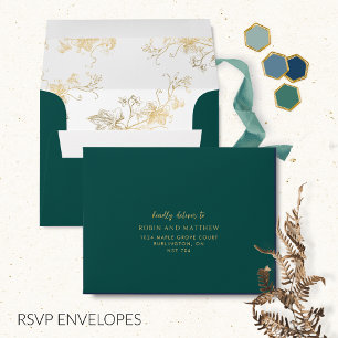 Élégant RSVP vert avec enveloppe florale dorée