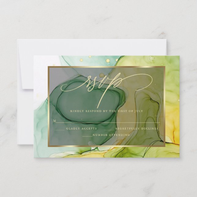 Elegant RSVP Vibrant Greens and Golds Marbled Ink  (Front)
