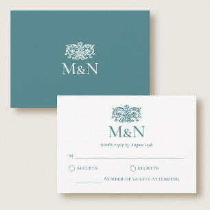 Elegant RSVP Wedding Monogram Vintage Teal Green Card