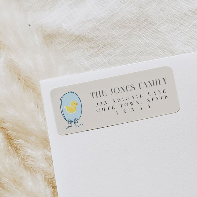 Elegant Rubber Ducky Ribbon Return Address (Elegant rubber ducky framed in a blue ribbon tied in a bow Baby Shower return address labels.)