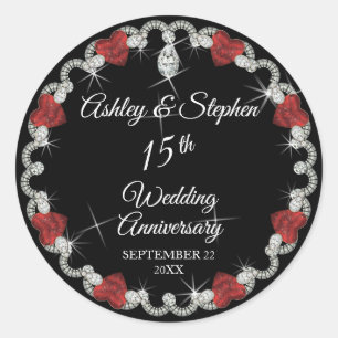 Elegant Ruby and Diamonds 15th Anniversary Classic Round Sticker
