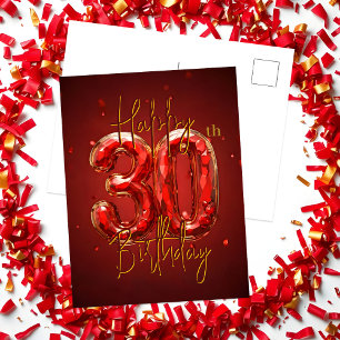 Elegant Ruby and Gold 30th Birthday Celebration Postcard