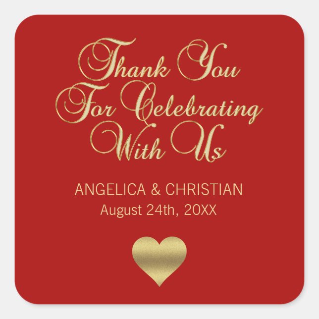Elegant Ruby Berry Red Gold Thank you Wedding Square Sticker (Front)