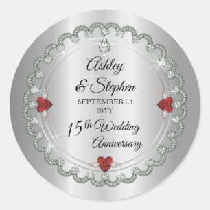 Elegant Ruby Diamonds 15th Wedding Anniversary Classic Round Sticker