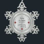 Elegant Ruby | Diamonds 15th Wedding Anniversary   Snowflake Pewter Christmas Ornament<br><div class="desc">Opulent elegance frames this 15th wedding anniversary design in a unique scalloped diamond design with centre teardrop diamond with faux heart-shaped rubies and added faux sparkles on a silver-tone gradient. Please note that all embellishments are printed and are only made to appear as real as possible in a flat, printed...</div>