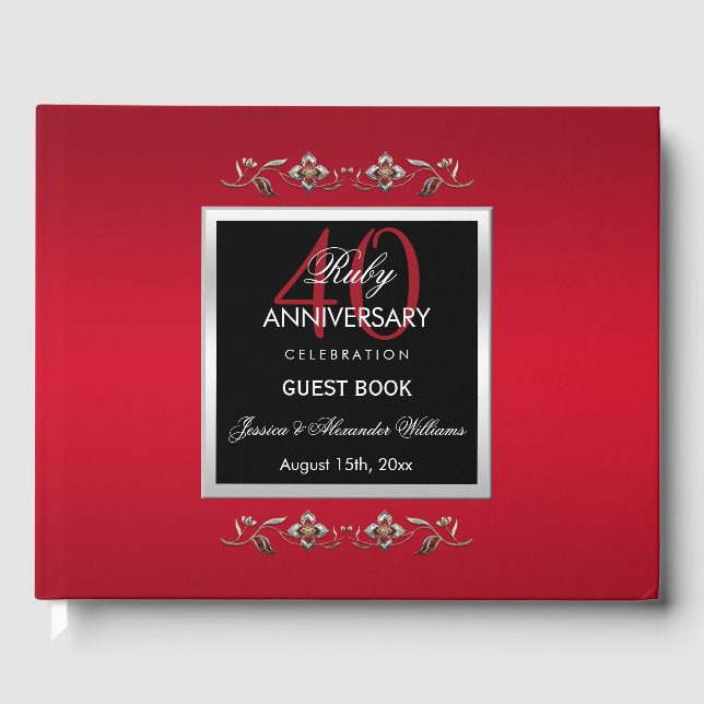 Elegant Ruby Gemstones 40th Wedding Anniversary Guest Book (Front)