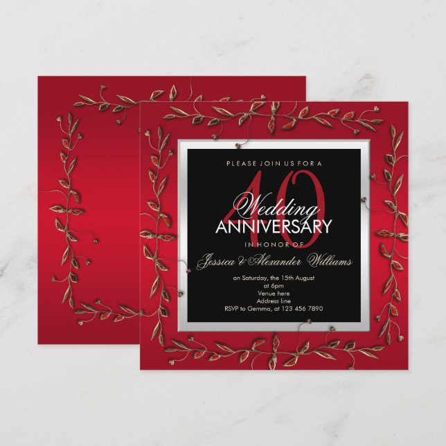 Elegant Ruby Gemstones 40th Wedding Anniversary Invitation (Front/Back)