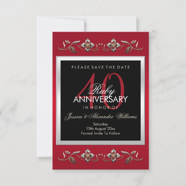 Elegant Ruby Gemstones 40th Wedding Anniversary Save The Date (Front)