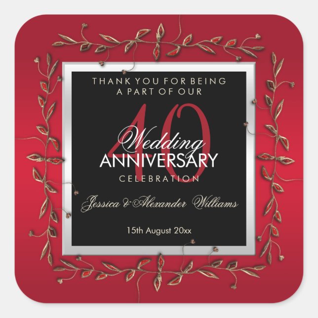 Elegant Ruby Gemstones 40th Wedding Anniversary Square Sticker (Front)