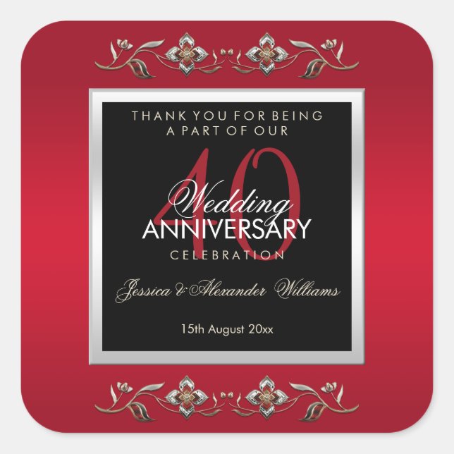 Elegant Ruby Gemstones 40th Wedding Anniversary Square Sticker (Front)