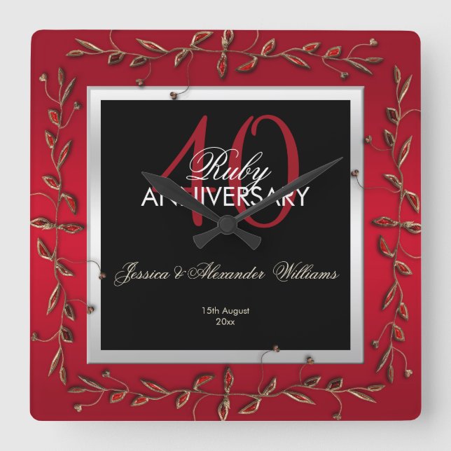 Elegant Ruby Gemstones 40th Wedding Anniversary Square Wall Clock (Front)