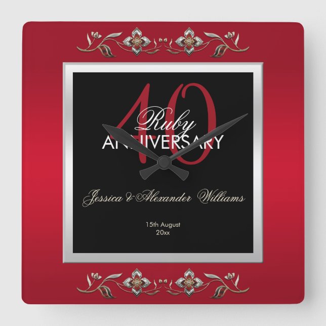 Elegant Ruby Gemstones 40th Wedding Anniversary Square Wall Clock (Front)
