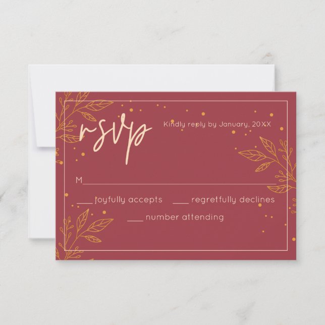 Elegant Ruby & Gold Wedding RSVP Card (Front)
