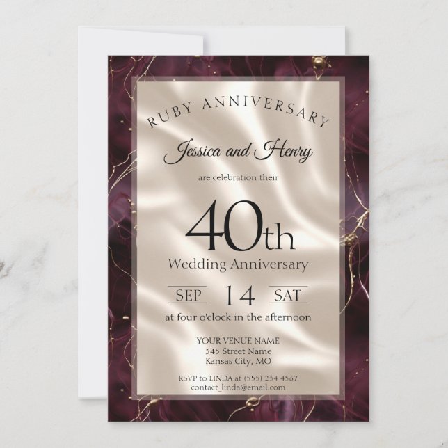 Elegant Ruby Marble 40th wedding anniversary Invitation (Front)