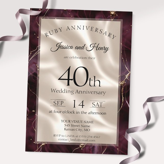 Elegant Ruby Marble 40th wedding anniversary Invitation (Creator Uploaded)