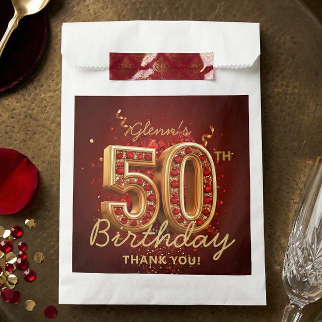 Elegant Ruby Red Gold 50th Birthday Thank You Favour Bag (Creator Uploaded)