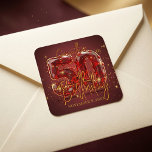 Elegant Ruby Red Gold Gem 50th Birthday Party Square Sticker<br><div class="desc">Celebrate a major milestone in style with this glamorous ruby red and gold 50th birthday party sticker. Featuring a stunning 3D gemstone number fifty with elegant gold script typography set against a deep burgundy background filled with sparkling gold dust, this design is perfect for a luxury celebration. Use these versatile...</div>