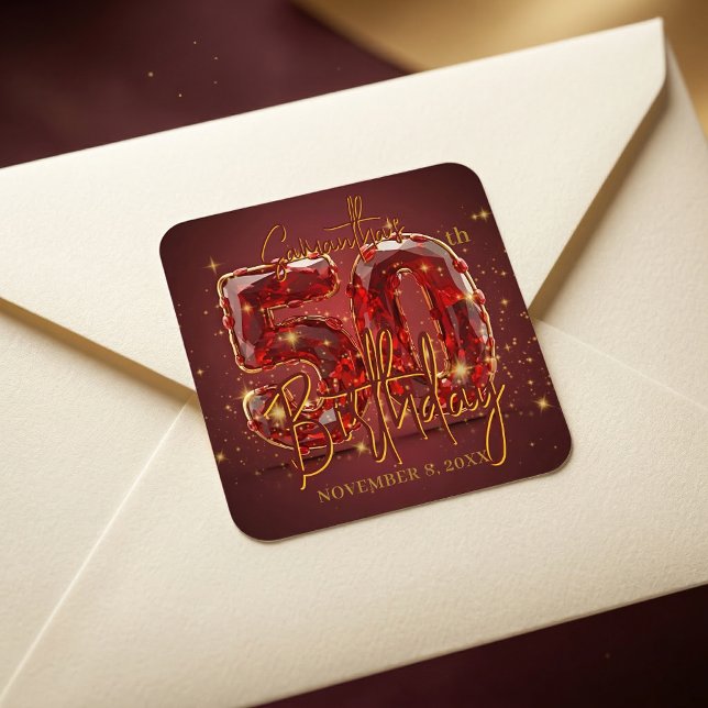 Elegant Ruby Red Gold Gem 50th Birthday Party Square Sticker (Creator Uploaded)
