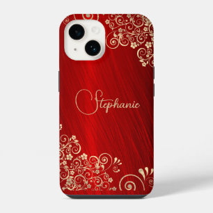 Elegant Ruby Red Gold Swirl  iPhone 14 Case