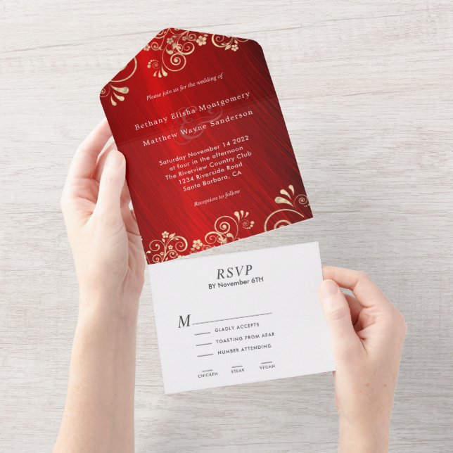 Elegant Ruby Red Gold Swirl Wedding  All In One Invitation (Tearaway)