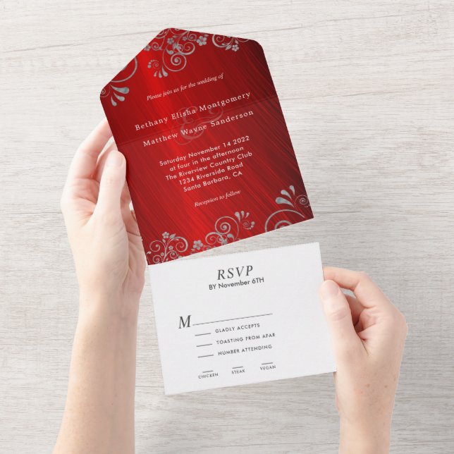 Elegant Ruby Red Grey Swirl Wedding  All In One Invitation (Tearaway)