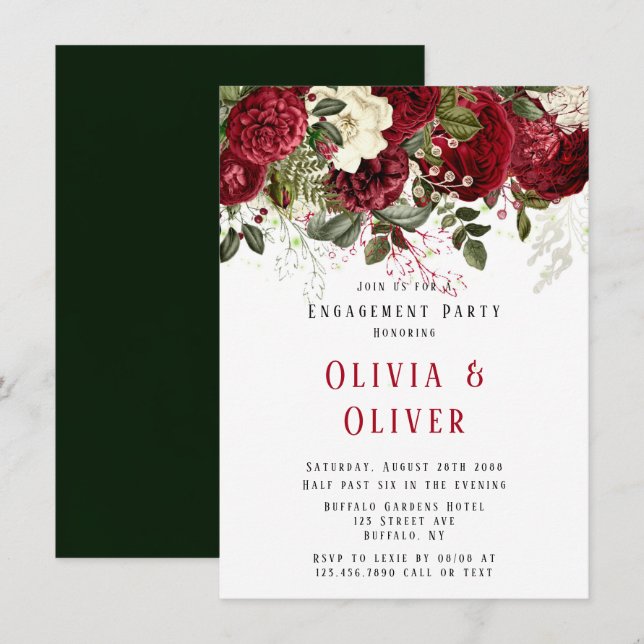 Elegant Ruby Red Peonies Engagement Party Invitation (Front/Back)