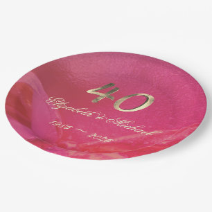 Elegant Ruby Red Pink Gold 40th Anniversary Paper Plate