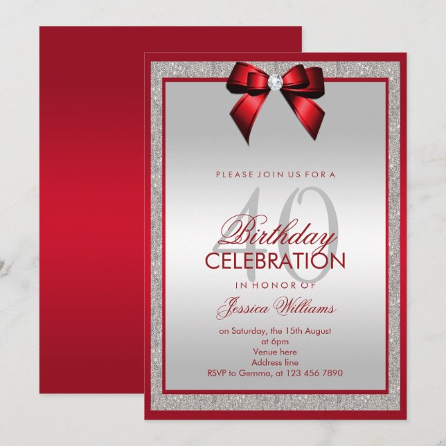 Elegant Ruby Red  Silver Glitter 40th Birthday Invitation (Front/Back)