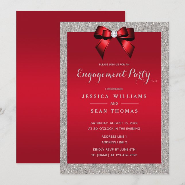 Elegant Ruby Red & Silver Glitter Engagement Invitation (Front/Back)