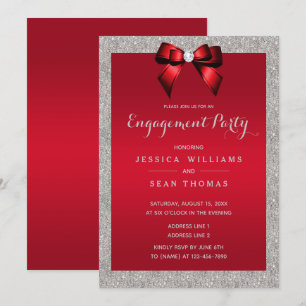 Elegant Ruby Red & Silver Glitter Engagement Invitation