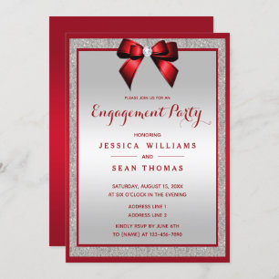 Elegant Ruby Red & Silver Glitter Engagement Party Invitation