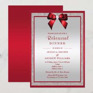 Elegant Ruby Red  Silver Glitter Rehearsal Dinner Invitation