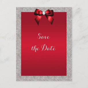 Elegant Ruby Red, Silver Glitter Save The Date Postcard