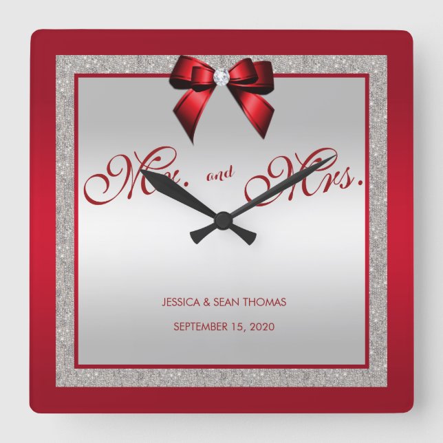 Elegant Ruby Red & Silver Glitter Wedding Day Square Wall Clock (Front)