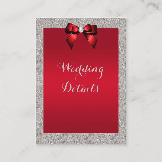 Elegant Ruby Red, Silver Glitter Wedding Details Enclosure Card (Front)