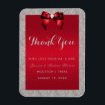 Elegant Ruby Red, Silver Glitter Wedding Magnet<br><div class="desc">Elegant sparkly Wedding Favour Thank You Magnet with a classy romantic red bow and a pretty shiny silver glitter. All text is fully customizable to meet your requirements. If you need help to customize your product or would like matching products please contact me through my store and i will be...</div>