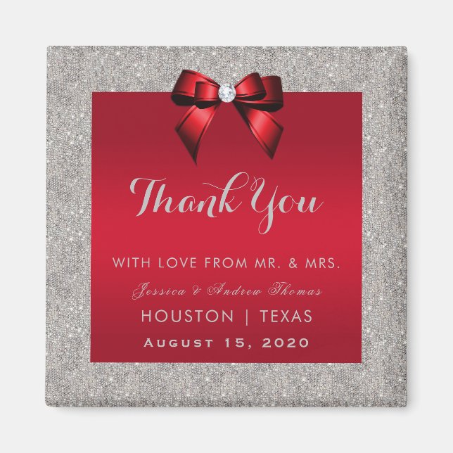 Elegant Ruby Red, Silver Glitter Wedding Magnet (Front)