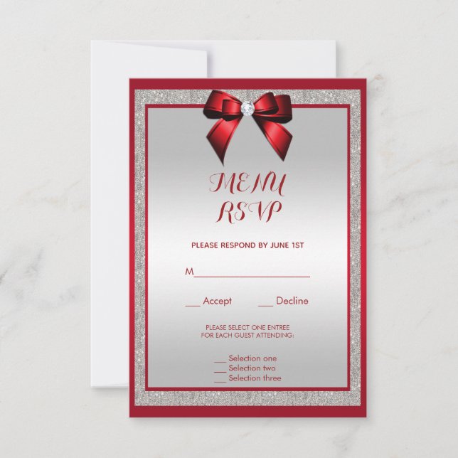 Elegant Ruby Red & Silver Glitter Wedding Menu (Front)