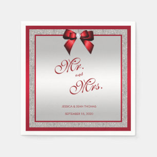 Elegant Ruby Red & Silver Glitter Wedding Napkin