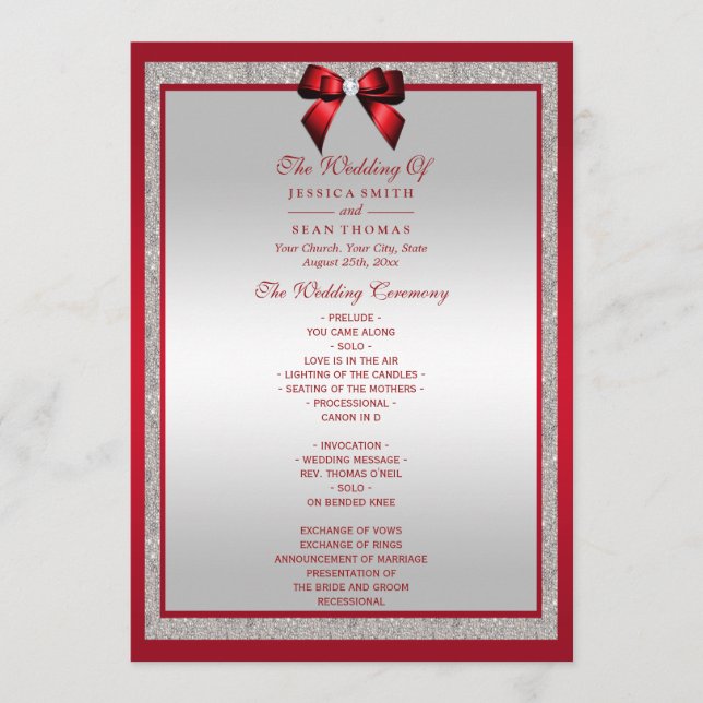 Elegant Ruby Red & Silver Glitter Wedding Program (Front)