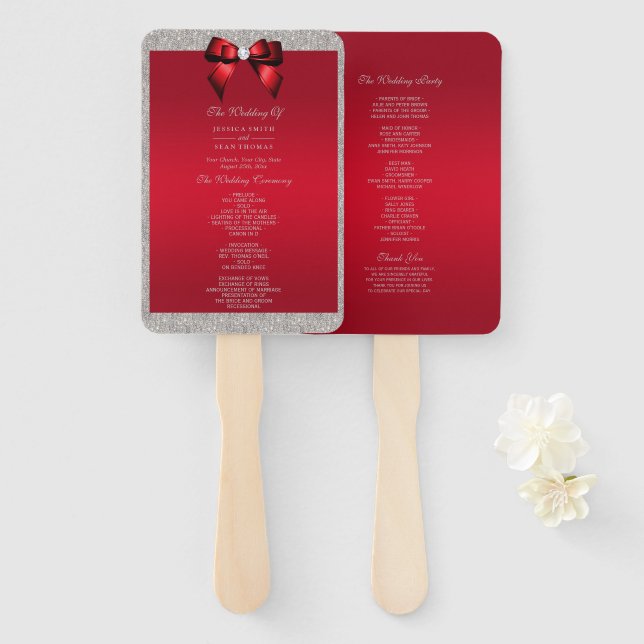 Elegant Ruby Red, Silver Glitter Wedding programs Hand Fan (Front and Back)