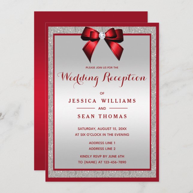 Elegant Ruby Red  Silver Glitter Wedding Reception Invitation (Front/Back)