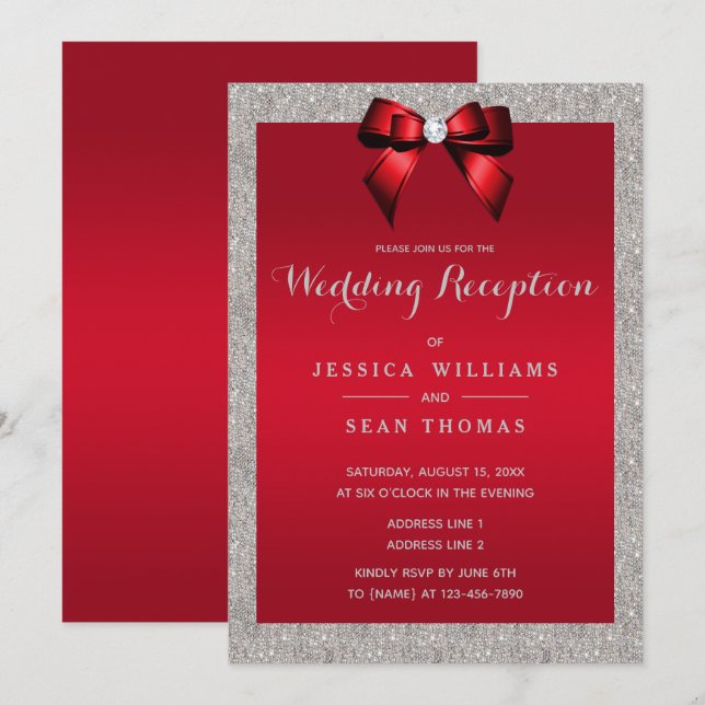 Elegant Ruby Red, Silver Glitter Wedding Reception Invitation (Front/Back)