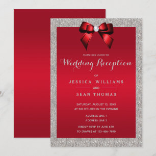 Elegant Ruby Red, Silver Glitter Wedding Reception Invitation