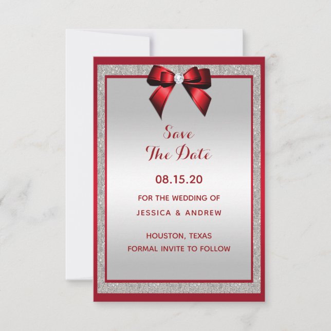 Elegant Ruby Red & Silver Glitter Wedding Save The Date (Front)