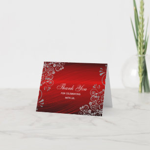 Elegant Ruby Red silver Swirls Wedding Thank You Card