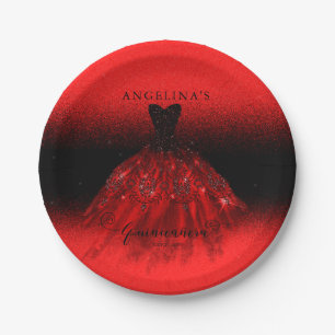 Elegant Ruby Red Spanish Gown Quinceañera Paper P Plate