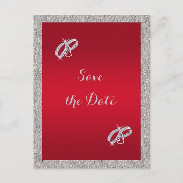 Elegant Ruby Red & Sparkly Silver Rings Wedding Announcement Postcard (Front)